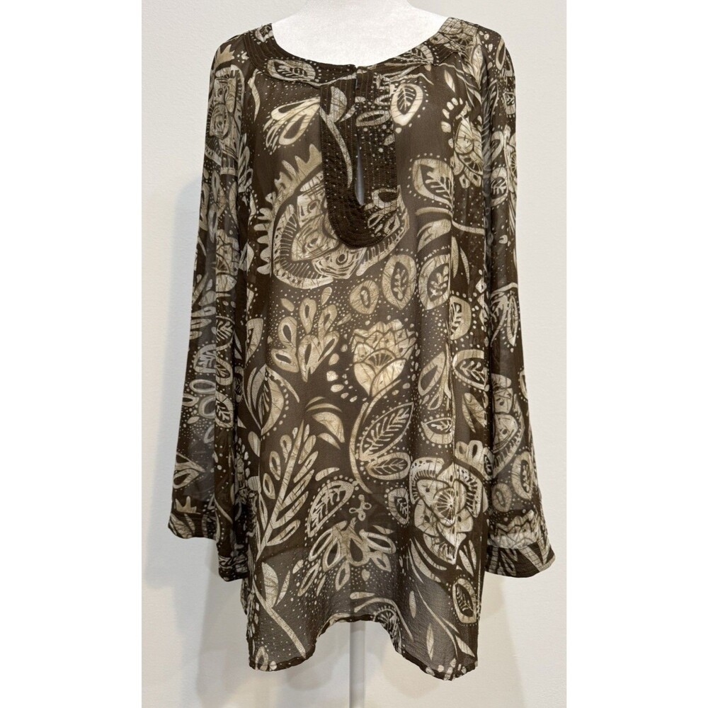 VTG Spiegel Sheer Tunic 100% Silk Brown/Beige Floral Long sleeves Blouse Sz16